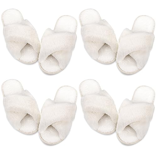 Newcotte 4 Pairs Women's Fuzzy Slippers Bridesmaid Slippers Open Toe Cross Band Plush Furry House Soft Fluffy Cozy