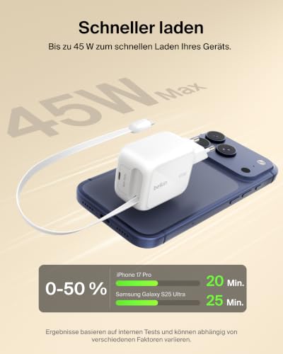 Belkin USB C Ladegerät 67W mit Einziehbarem 1 m USB-C-Kabel + USB-C-Anschluss, GaN iPhone Schnellladegerät… – Ansicht 4