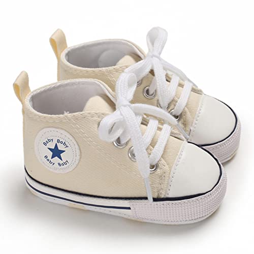 Himllauen Chaussures Premier Pas Bébé Fille Garçon 0-18 Mois Chaussures Antidérapant Chic Casual Tissu Respirant Léger Quotidien (Beige, 0-6 Mois) Cover