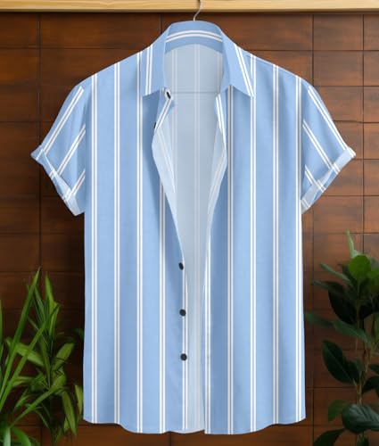 Image of Vertical Striped Short Sleeve Casual Shirt for Men, Stratchable 100% Spandex Material,Black and White