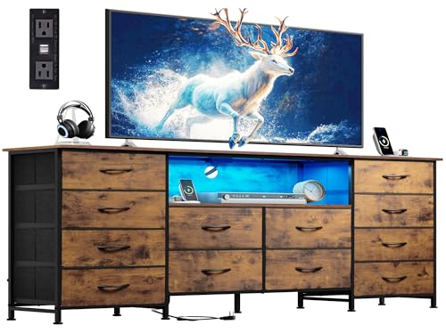 WLIVE 12 Drawer Dresser for Bedroom, Dresser TV Stand for 65, 70, 75 inch TV with Led Lights & Charging Station, Wide Chest of Drawers with Open Shelves, Fabric Dressers for Living Room, Rustic Brown