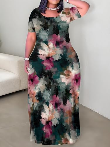 Image of PinkPatty Women's Plus Size Maxi Dresses Short Sleeve Sundress Summer T-Shirt Beach Long Dress with Pockets