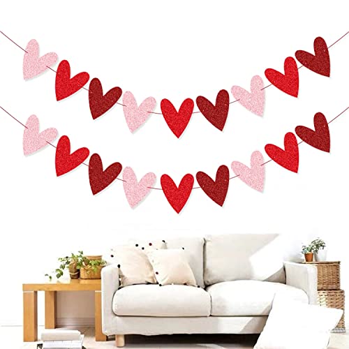 Image of Festiko2 Pack Glittery Heart Banner Garland Valentines Day Decorations Romantic Heart Bunting for Anniversary Wedding Engagement Birthday Party Decoration 3 Colors