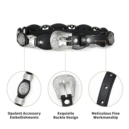 Black Concho Belt for Women Trendy Western Belt with Silver Buckle Retro Waist Belt for Casual Dressy Wear4