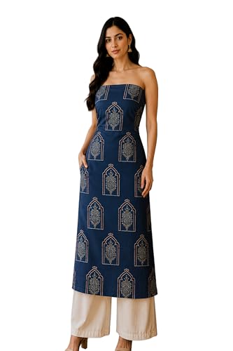 Image of Ethnics of Kutch Women's Ajrakh Modal Silk Natural Dye Hand Block Print Unstitched Kurta Fabric Mtr Length (2.5 Mtrs - Indigo 1710AD)
