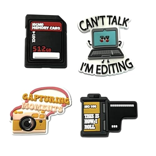 Photography Themed Shoe Charms, 4-Piece Set with Memory Card, Computer,