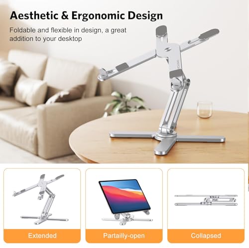 Image of OMOTON LA10 360 Rotating Laptop Stand Riser for Desk, Ergonomic Foldable Computer Stand Adjustable Height Angles for Collaborative Work, Easy Storage Fit Macbooks,All Laptops up to 16 inches, Silver