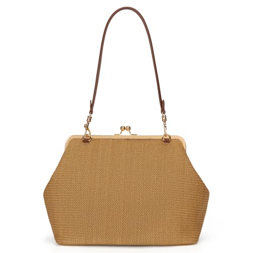 CATSEA Large Women's Kiss Lock Bag PU Medium Top Handle Handbags Kiss Clasp Shoulder Bags Tote Purse Messenger Clutch (Straw - Brown)