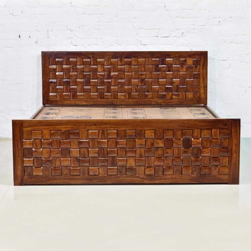 Image of CUSTOM DECOR Sheesham Wood King Size Bed with Box Storage Wooden Double Bed Cot Bed Furniture for Bedroom Living Room Home (Honey Finish)