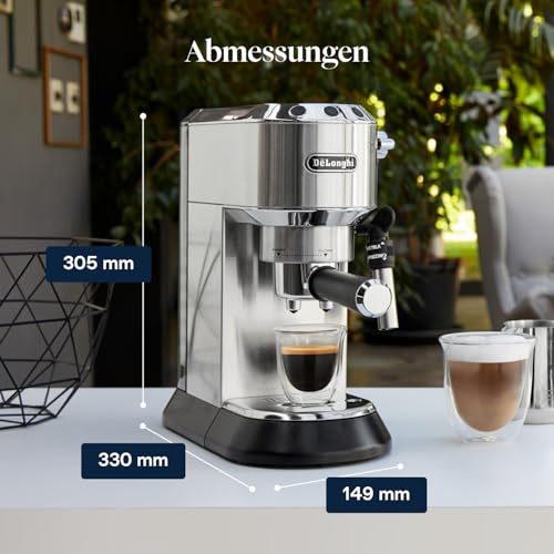 De'Longhi Dedica Style - Perfetto Kompakte Siebträgermaschine Espressomaschine mit Tasten, manuellem Milchaufschäumer für Espresso und Cappuccino, ESE Pad geeignet, 15cm breit, Metall (EC685.M)