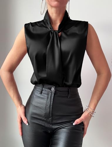ZAFUL Women's Silk Satin Tank Tops Bow Tie Knot Mock Neck Casual Sleeveless Blouses Summer Basic Tanks Shirt2