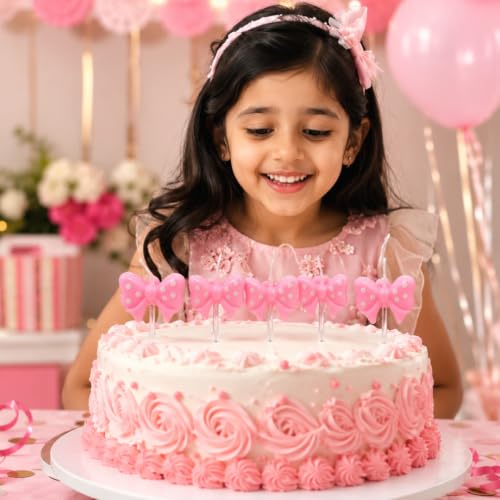 Image of Wanna Party Pink Bow Ribbon Shaped Cake Candles, Polka Dot Birthday Cake Topper Candles for Girls Birthday, Baby Shower, Princess Theme Party & Cake Decoration - Pack of 5