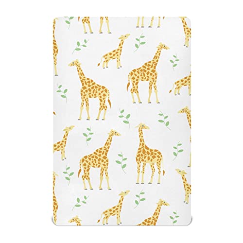 Image of Fitted Crib Sheets Cute Yellow Giraffe Stretchy Portable Playard Sheets for Baby Toddler, Breathable Soft Mini Crib Mattress 39 x 27 in for Boys and Girls