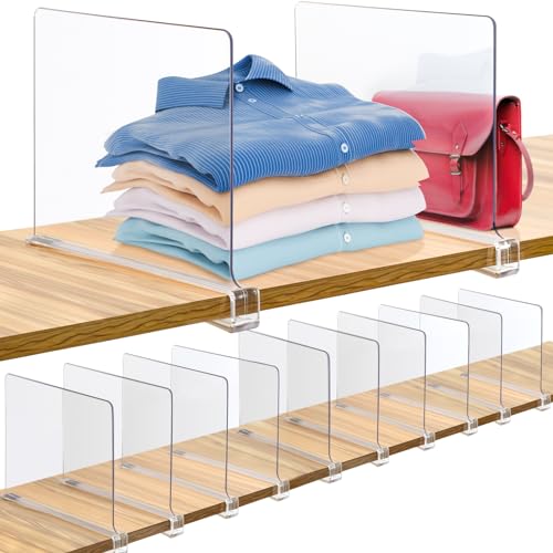 Image of Consevisen Shelf Dividers for Closet Organization and Storage, 12 Pack Acrylic Clear Closet Shelf Dividers for Wood Shelves, Vertical Sweater Handbag Purse Organizer for Bedroom Kitchen Office