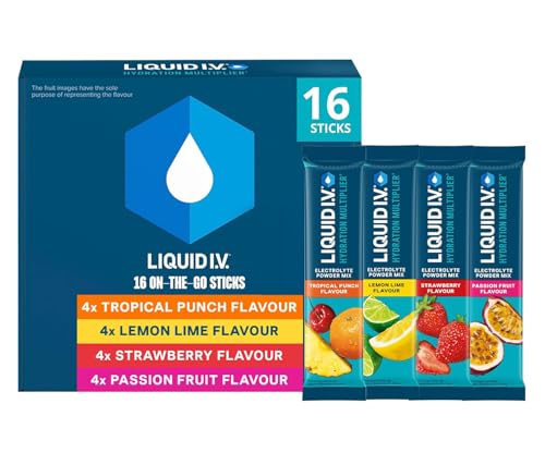Liquid I.V. Hydration Multiplier Electrolyte Powder Mix Variety Pack Lemon Lime Passionfruit Strawberry and Tropical Punch Flavours for Fast Hydration & Energy 16 Sachet Sticks