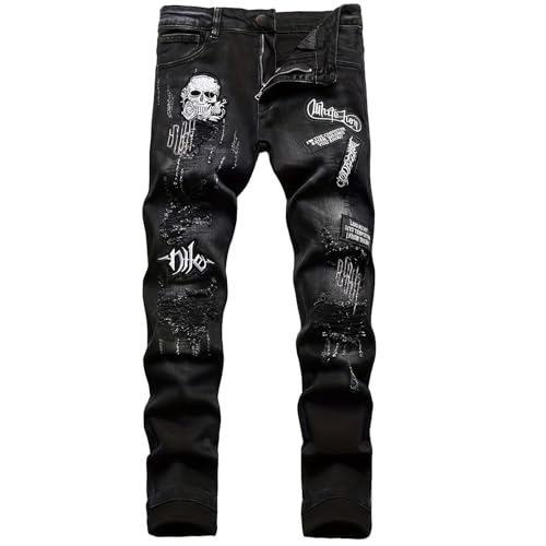 Men's Casual Printed Jeans Black Skull Embroidered Slim Jeans Straight Leg Slim Spliced Jean