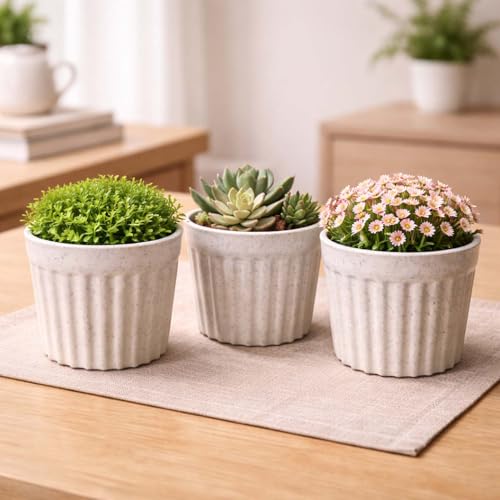 Image of Go Hooked Plastic Flower Pot for Indoor Plants (4 Inch, Pack of 3) | Decorative Ribbed Planter for Home, Office, Desk & Tabletop | Marble Finish Modern Indoor Plant Pot for Succulents & Small Plants
