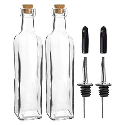 Argon Tableware Olive Oil Bottles with Cork Lids - 250ml - Pack of 2 - Dishwasher Safe Kitchen Glass Olive Oil Dispenser Cruet with Dust Cap, Cork Stopper and Tapor Pourer Top for Soy Sauce, Vinegar