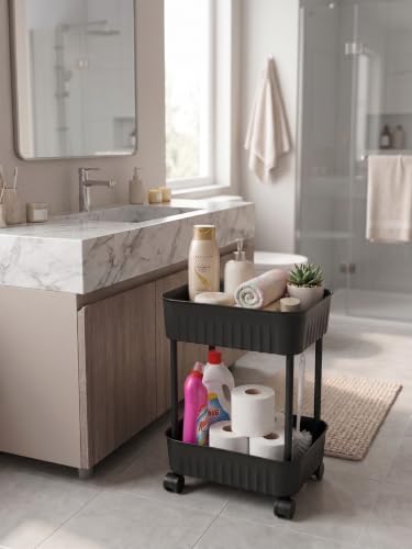 2 Katlı Tekerlekli Organizer Sepet, 28x17 cm, Beyaz/Antrasit Gri, Banyo ve Mutfak Organizeri(Antrasit)