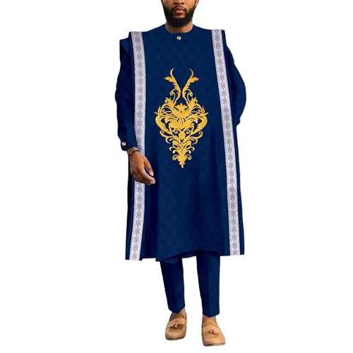 African Clothing for Men Embroidery Agbada Robe Shirts and Pants 3 Piece Set Plus Size for Wedding