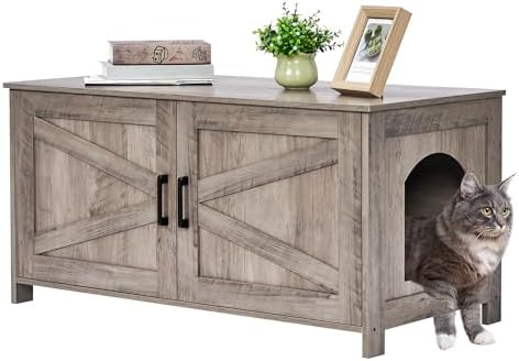 Homhedy 39.4″ L Cat Litter Box Enclosure, Pet House with Barn Door, Wooden Cat Washroom Furniture, Fit Most of Litter Box, Greige Homhedy 39.4″ L Cat Litter Box Enclosure, Pet House with Barn Door, Wooden Cat Washroom Furniture, Fit Most of Litter Box, Greige
