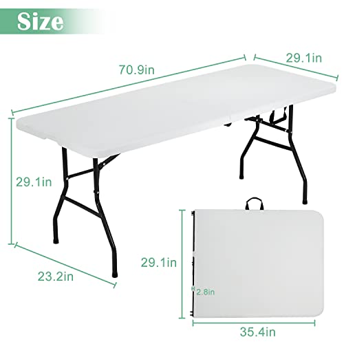 PIKAQTOP Plastic Folding Table 6ft Heavy Duty Foldable Utility Table with Carrying Handle for Camping Picnic BBQ Party Banquet Backyard, 500LBS Capacity, White