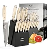 Picture of Damascus Kitchen Knife Set, 14 Pieces Kitchen Knife Set with Block, White ABS Ergonomic Handle for Chef Knife Set and Serrated Steak Knives Knife Sharpener and Kitchen Shears, Black Wooden Block