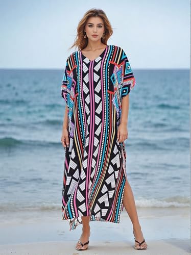 Image of IMAGEKOPE Kaftan Dresses for Women Plus Size Bathing Suit Cover up Vneck Batwing Dress Loose fit Moroccan Caftan mumu Dresses