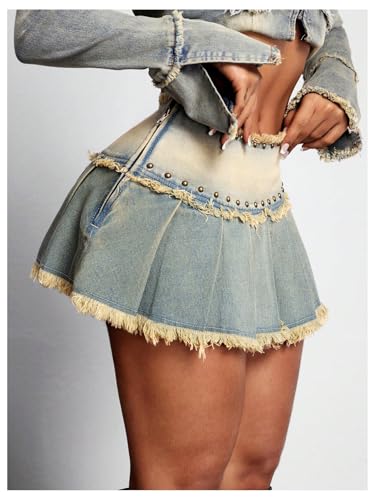 MakeMeChic Women's Pleated Jean Skirts Raw Hem Studded Zipper Y2K Mini Denim Skirt4
