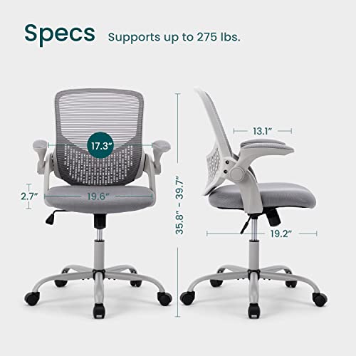 Office Chair Desk Chairs Mesh Computer Desk Chair With Wheels Ergonomic Office Chair Height Adjustable Swivel Task Chair With Mid Back, 90° Flip-Up Arms And Lumbar Support, Grey #TOP5