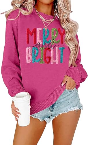 Merry Christmas Sweatshirts Women Merry And Bright Christmas Pullover Top Chenille Patch Letter Printed Xmas Gifts Top Rose