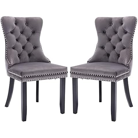 Qtivii Velvet Dining Chairs Set of 2, Tufted Dining Room Chairs with Button Back, Nailhead Trim, Upholstered Dining Chairs for Kitchen, Bedroom, Restaurant (Grey) Cover