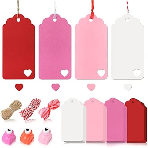 HAKACC 200 PCS Colour Gift Tags Set, Red Pink White Hanging Tags Labels with String, Heart Hole Punch for Gifts Arts and Crafts Wedding Birthday Holiday Cover