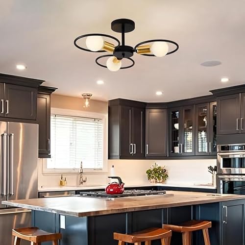 Image of SINOMAN Metal Modern Ceiling Light Fixture 3- Wheel Light Semi Flush Mount Black Finish, Industrial Round Cage Design, E27 Base for Living Room, Bedroom, Dining Room and Home Decor (with Bulb)