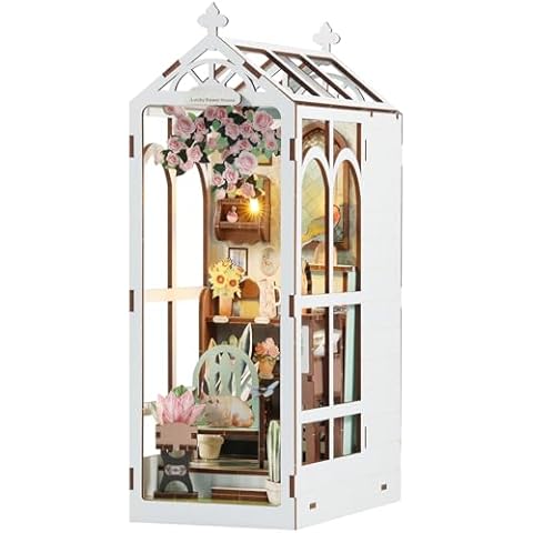 Tcwhniev DIY Book Nook Kit 3D Wooden Puzzle Bookshelf Insert Decor with LED Light DIY Miniature Dollhouse Kit Garden House Decorative Bookshelf Insert Bookend Building Kits (Romantic Garden) Cover