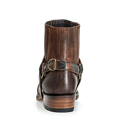 Men's Western Ankle Boots Fashion Buckle Strap Slip-on Boots Retro Leather Pointed Toe Chunky Heel Booties Cowboy Short Boots2