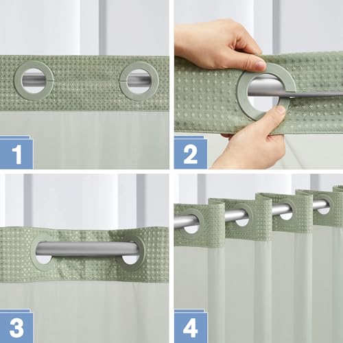 Image of Furlinic Waffle Weave No Hook Shower Curtain with Snap in Liner,Honeycomb Textured Bathroom Curtains with See Through Top Window,Waterproof & Machine Washable,Hotel Quality,Sage Green,71x84 Inch