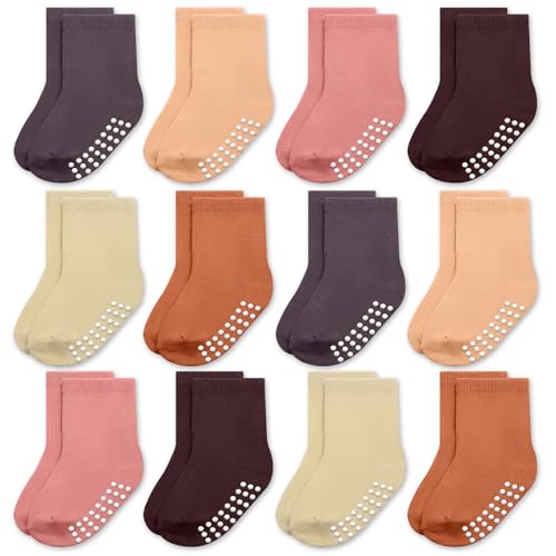 JAKIDAR 12 Pack Baby Toddler Socks Non Slip Grip Cotton Crew Socks for Boys Girls Infants Kids, Orange Sunset, 4-7 Years