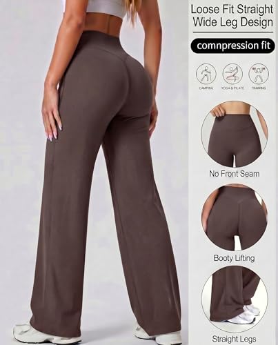 Image of Coume 2 Pack Women Workout Leggings Straight Wide Leg No Front Seam Yoga Gym Pants High Waist Buttery Soft Stretch Leggings