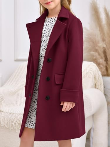 Haloumoning Girls Double Breasted Trench Coat Kids Notch Lapel Long Peacoat with Pockets 5-14 Years3