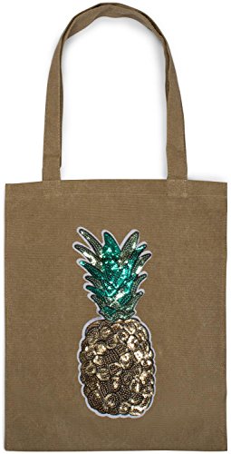 styleBREAKER shopping bag with sequin pineapple applique, tote bag, canvas, fabric bag. Bag, unisex 02012215, Colour:Khaki