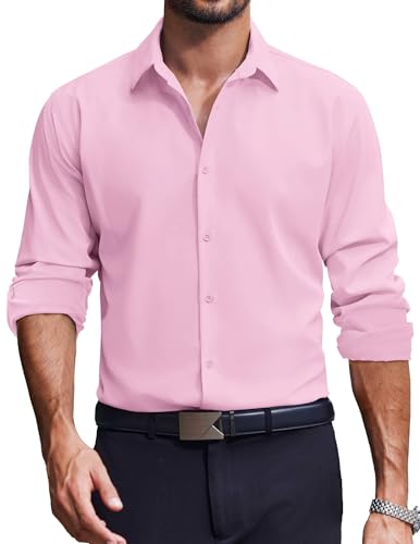 COOFANDY Casual Shirt for Mens Button Down Shirts Long Sleeve Stretch Shirts No Iron Pink