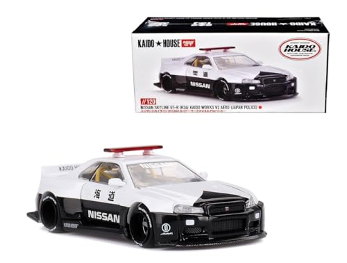 Skyline GT-R (R34) Kaido Works (V2 Aero) RHD (Right Hand Drive) Black and White Japan Police (Designed by Jun Imai) Kaido House Special 1/64 Diecast Model Car by Mini GT KHMG120