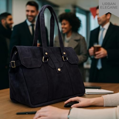Amari Midnight Blue Genuine Suede Leather Shoulder Messenger Tote Bag for Women | Fits 14” Laptop | Ethical Handcrafted Indian Tote Bag4