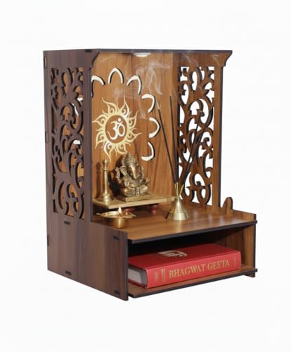 Image of Royal Walnut Finish Wooden Pooja Mandir | Wall Mounted Home Temple with LED Lights & Spacious Storage | Premium Handcrafted Puja Unit (37.5 * 29 * 25 CM) (Large) A3
