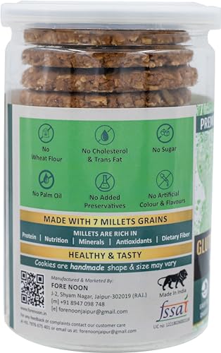 Image of Fore Noon Multi-Millet Gluten-Free Almond Cookies | High Fiber Multi-Grain Biscuit | Made with Organic Jaggery, Cow Ghee & Rock Salt | Low Fat & Sugar | Healthy Snack for Kids & Adults | 100% Natural Ingredients | 178g Pack of 1