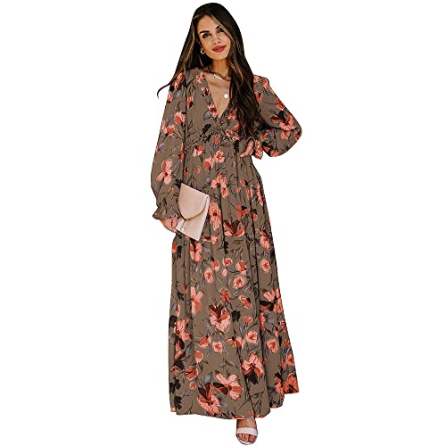 Women's Floral Maxi Dress 2025 Fall Boho V Neck Puff Long Sleeve Wedding Guest Tee Party Tulle Dresses Mother's Day Outfit