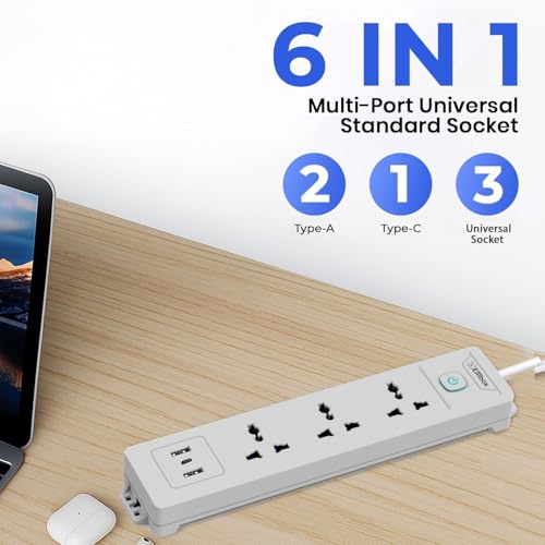 Image of Embox 5 Meter Extension Board with USB Type C | Extension Board with Switches 3 Universal Sockets Spike Guard | LED Indicator 2000W Extension Cord