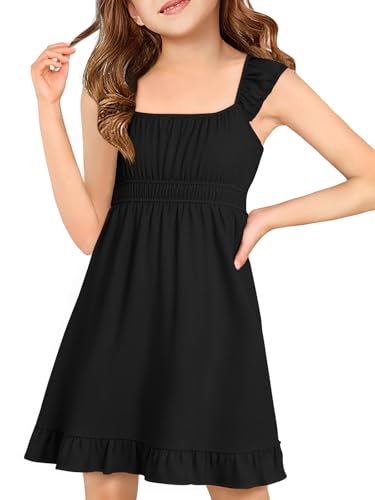 Haloumoning Girls Summer Dresses Kids Cap Sleeve Square Neck Elastic Waist A-Line Flowy Dress 7-14 Years