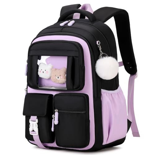Amythe Schultasche Mädchen Rucksack Schule Mädchen, Atmungsaktiv Schulrucksack für Mädche 1. - 5. Klasse, Lässiger Schulranzen Kinder für Grundschule Mittelschule, Schwarz Lila